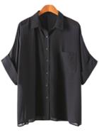 Shein Black Buttons Front Pocket Batwing Sleeve Chiffon Blouse