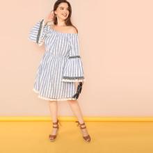 Shein Plus Trumpet Sleeve Stripe Tassel Trim Dress