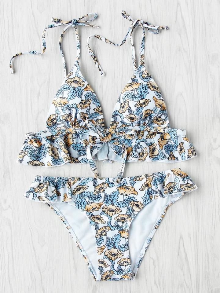 Shein Calico Print Ruffle Trim Triangle Bikini Set