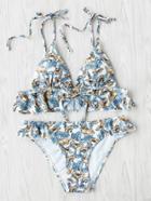 Shein Calico Print Ruffle Trim Triangle Bikini Set