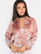 Shein Embroidered Satin Bomber Jacket Dusty Pink