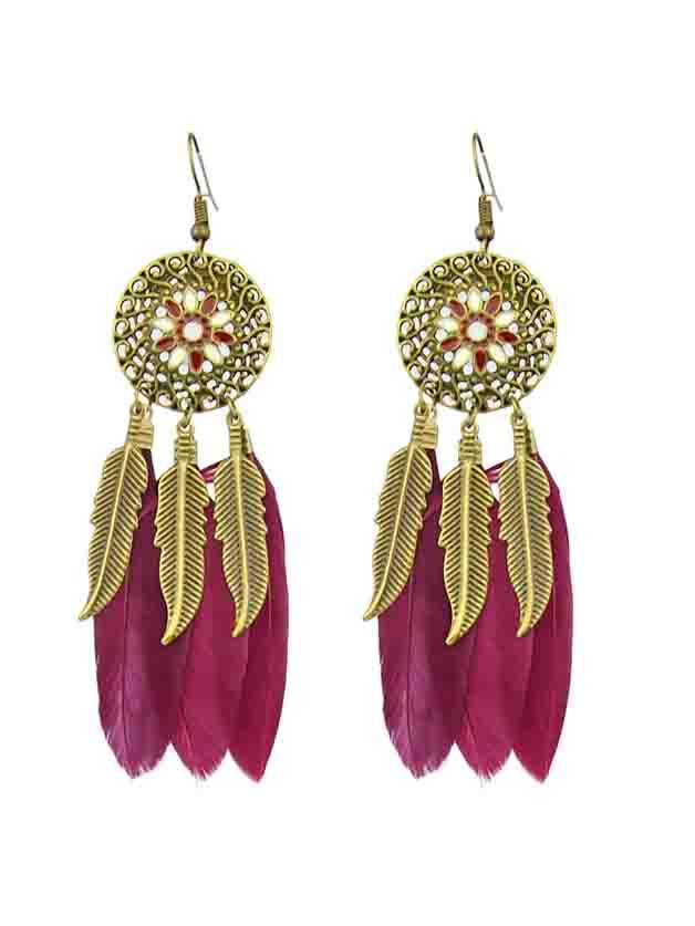Shein Red Ethnic Style Colorful Feather Long Chandelier Earrings