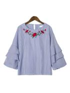 Shein Vertical Striped Embroidery Tiered Frill Sleeve Blouse