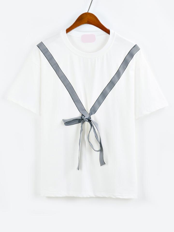 Shein Striped Ribbon Tape Embellished T-shirt - White