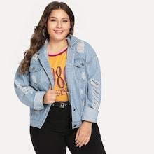Shein Plus Drop Shoulder Ripped Denim Jacket