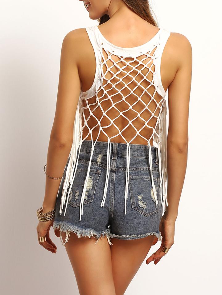 Shein White Hollow Back Tassel Cami Top