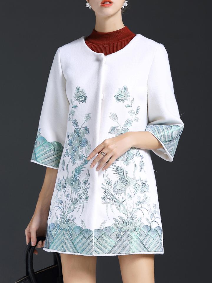 Shein White Flowers Embroidered Pockets Coat
