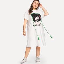 Shein Plus Figure Pattern Tassel Detail Tee Dress