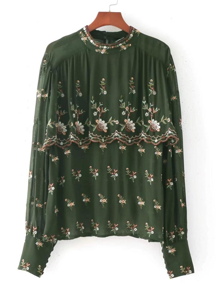 Shein Calico Embroidery Layered Chiffon Blouse