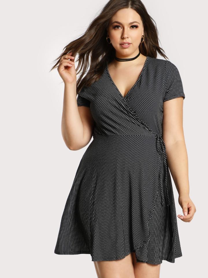 Shein Surplice Wrap Slim Striped Dress