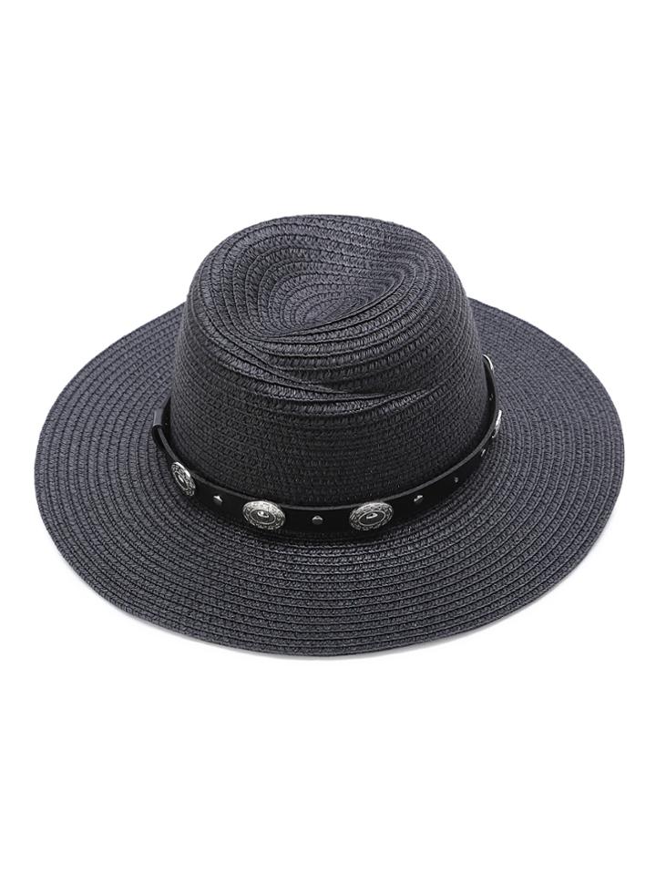 Shein Black Straw Hat With Faux Leather Band
