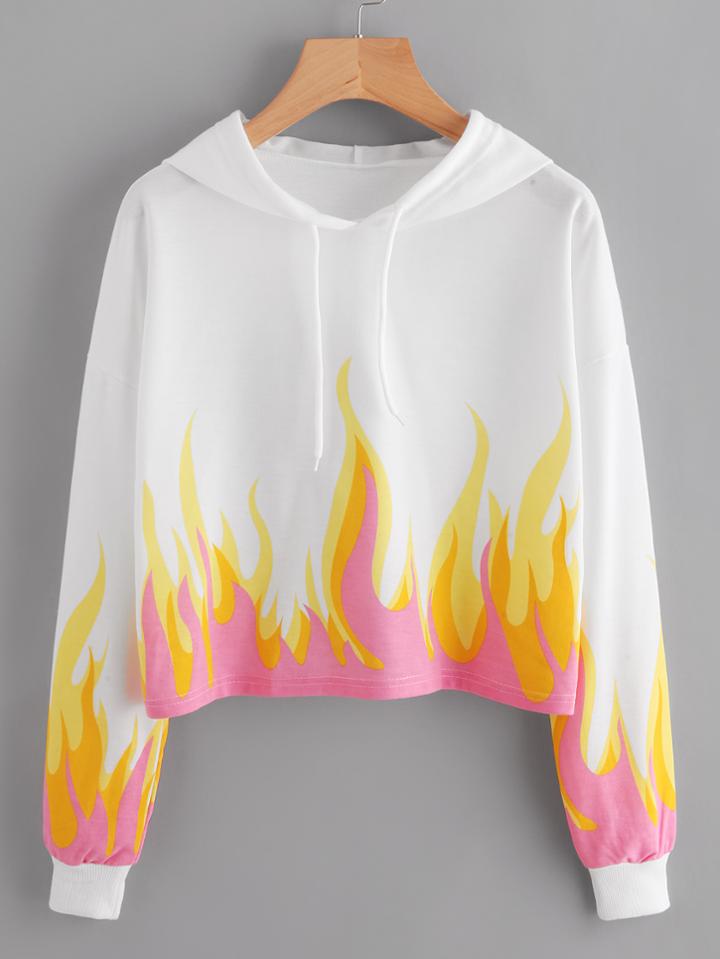 Shein Flame Pattern Drop Shoulder Crop Hoodie