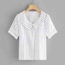 Shein Crochet Cuff Striped Shirt