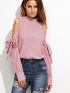 Shein Frill Collar Bow Tie Open Shoulder Striped Blouse