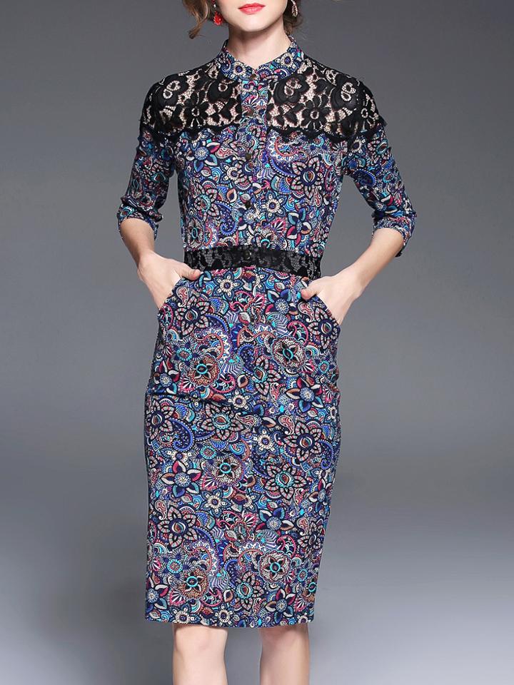 Shein Blue Contrast Lace Print Sheath Dress