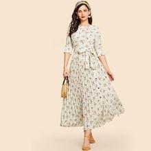 Shein Self Belted Floral Print Pleated Hem Dress