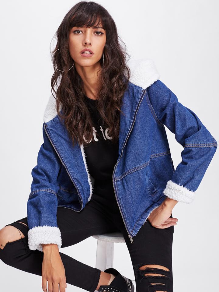 Shein Faux Fur Trim Hooded Denim Jacket