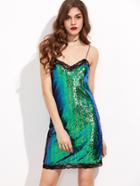 Shein Green Iridescent Contrast Lace Trim Sequin Cami Dress