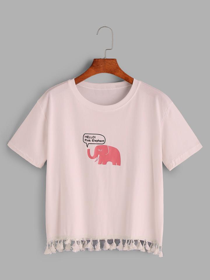 Shein Elephant Print Tassel Hem T-shirt