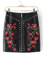 Shein Embroidered Flower Studded Detail Pu Skirt