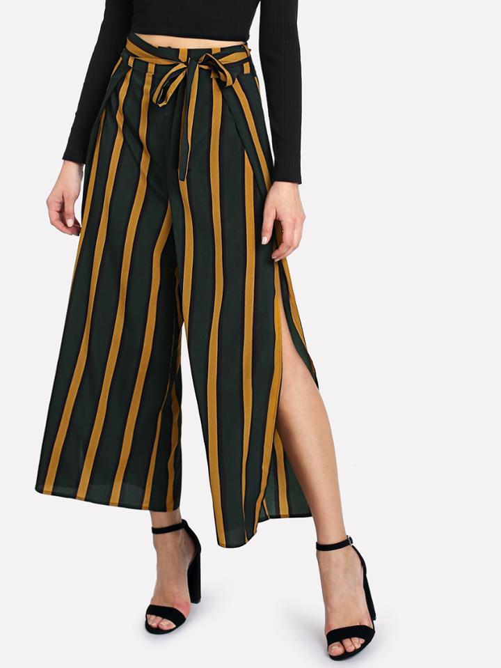 Shein Self Belt Split Side Striped Wide Leg Pants