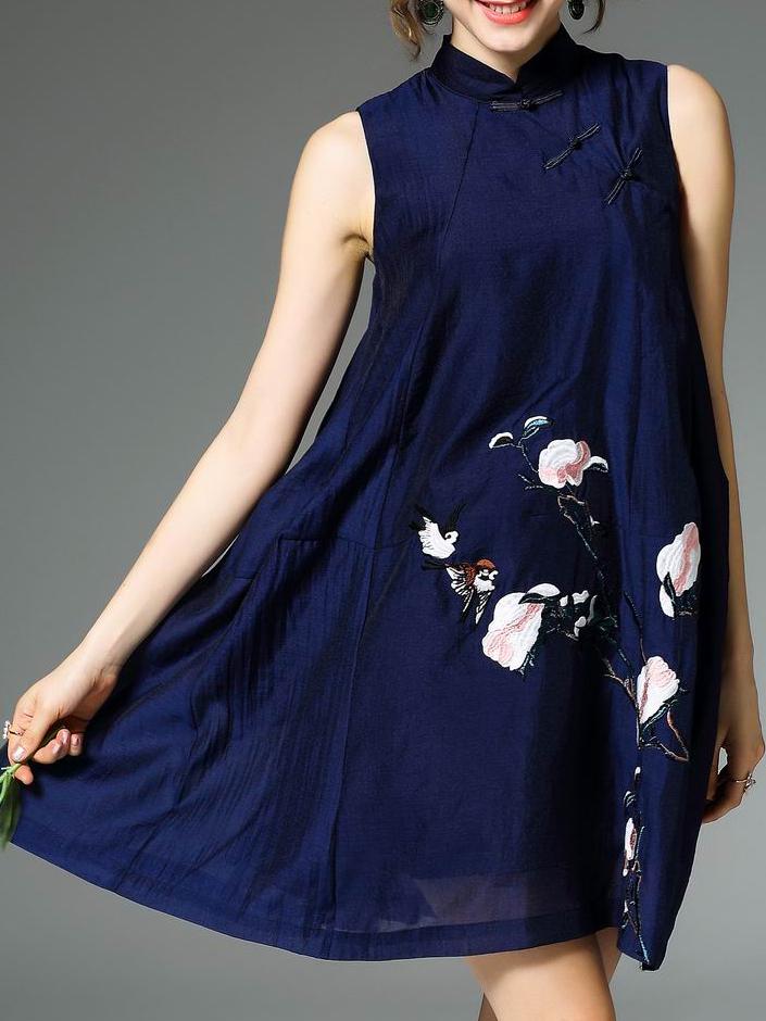 Shein Navy Collar Embroidered Pockets Dress