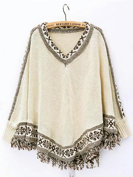 Shein Beige V Neck Batwing Tassel Loose Knitwear