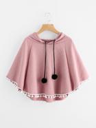 Shein Pom Pom Trim Embossed Cape Hooded Top