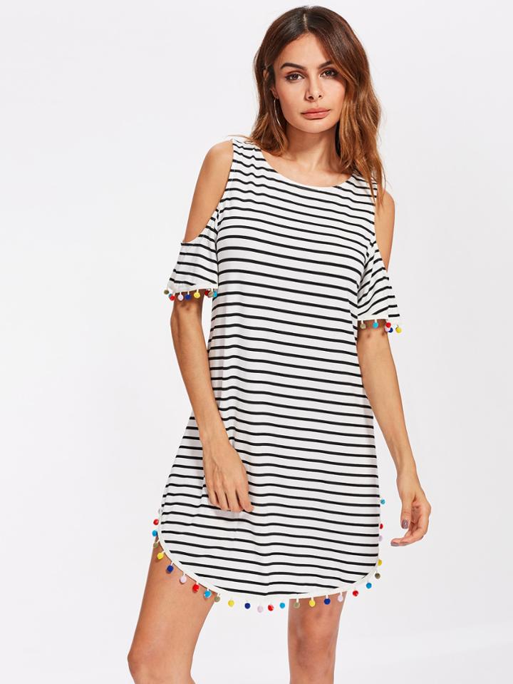 Shein Open Shoulder Pom Pom Trim Curved Tee Dress