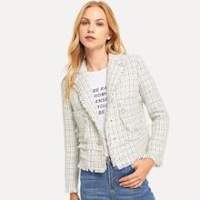 Shein Button Front Notched Neck Fringe Blazer