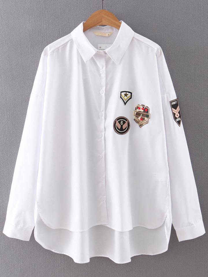 Shein Button Front Dip Hem Applique Blouse