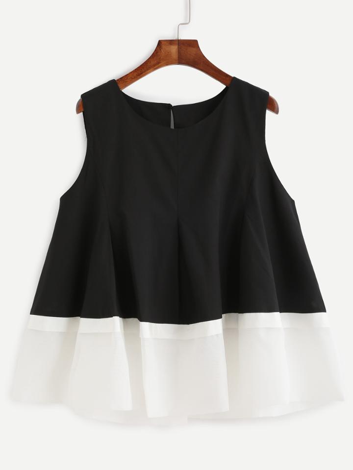 Shein Black Pleated Contrast Ruffle Sleeveless Top