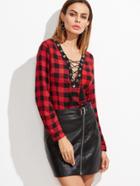 Shein Check Plaid Deep V Neck Lace Up Fringe Blouse