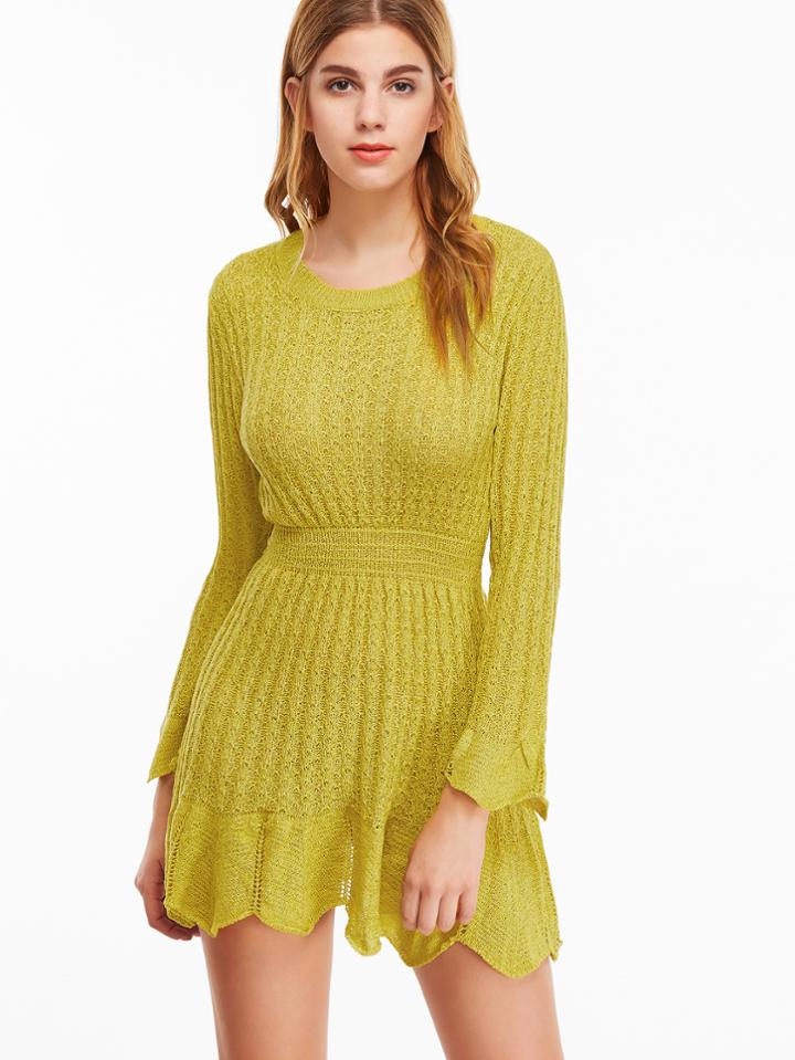 Shein Yellow Eyelet Ruffle Hem Knit Dress