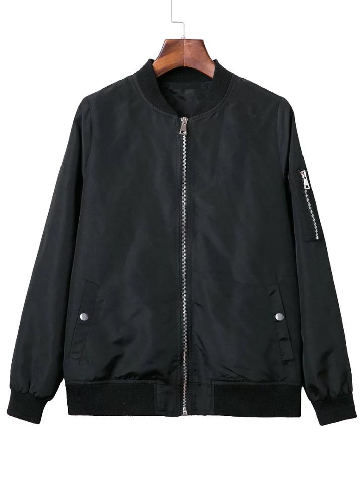 Shein Black Plain Zipper Up Bomber Jacket