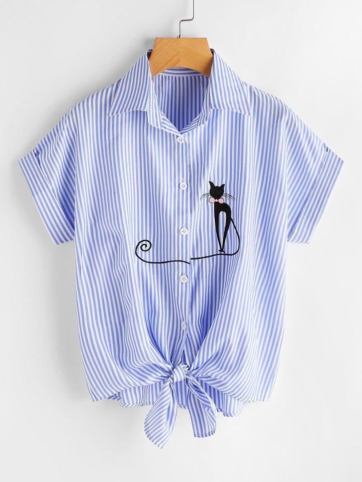 Shein Vertical Striped Cat Embroidery Cuffed Shirt