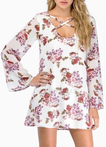 Rosewe Enchanting Long Sleeve Print Design A Line Dress