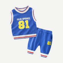 Shein Boys Letter Print Striped Detail Vest With Shorts