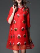 Shein Red Collar Organza Embroidered Shift Dress