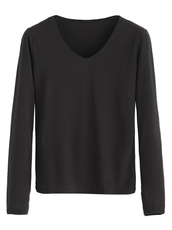 Shein Black V Neck Long Sleeve Basic T-shirt