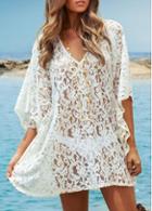 Rosewe V Neck Batwing Sleeve White Lace Cover Up