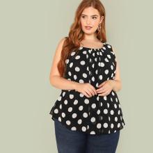 Shein Plus Pleated Neck Polka Dot Shell Top