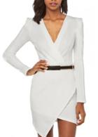 Rosewe Laconic Solid White Long Sleeve Dress With V Neck