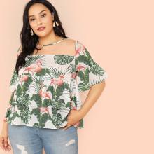 Shein Plus Sheer Yoke Tropical And Flamingo Print Top