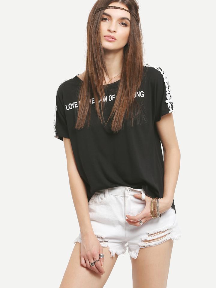 Shein Lace Insert Sleeve Letter Print T-shirt