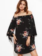 Shein Black Floral Off The Shoulder Tie Cuff Dress