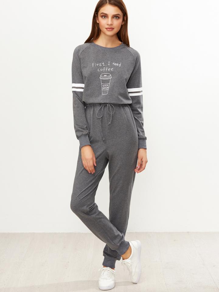 Shein Heather Grey Graphic Print Striped Sleeve Sweat Jumpsuit