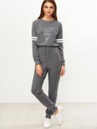 Shein Heather Grey Graphic Print Striped Sleeve Sweat Jumpsuit