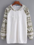 Shein Khaki White Hooded Tribal Print Sweatshirt