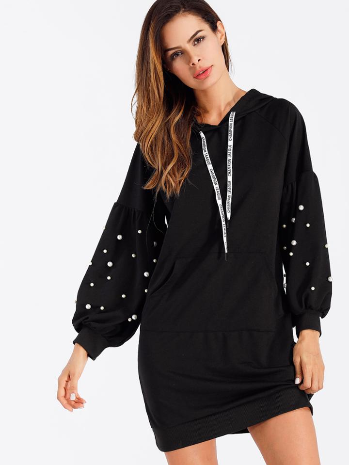 Shein Pearl Beading Balloon Sleeve Hoodie Dress